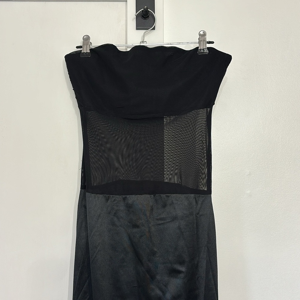 Commense Sheer Mesh cut out Black Satin A-line Strapless Tube Dress - Picture 2 of 4